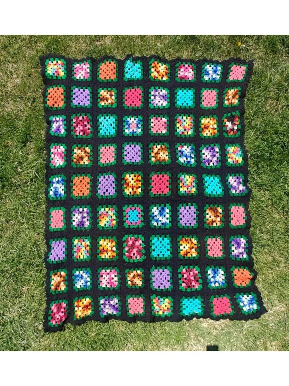 Handmade Vintage Crochet Afghan Blanket Multicolor Granny Square Black Large